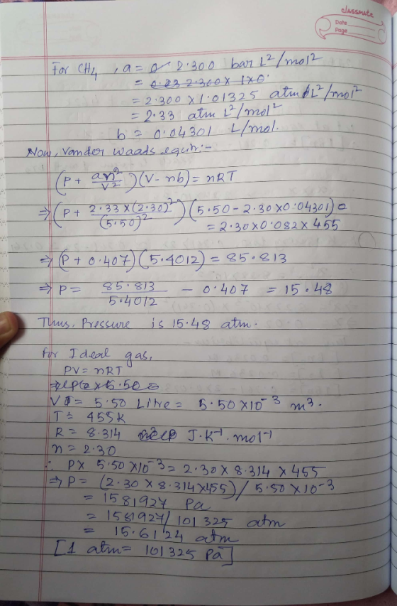 classmate Date Page For CHI , a=0 2.300 bar 1²/mo12 Se 23 2360 X 1X0. d =2.3008 1.01325 atmo L/mol a = 2.33 atm 2²/molt ba 0