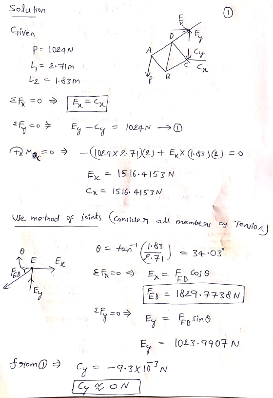 solution 0 x Given len D А Cy P= 1024N L = = 2.71m h Le = 1.83m B EF = 0 Co > Excel Pg=o7 Ey-cy = 1024N MBC = o → — (1024x271