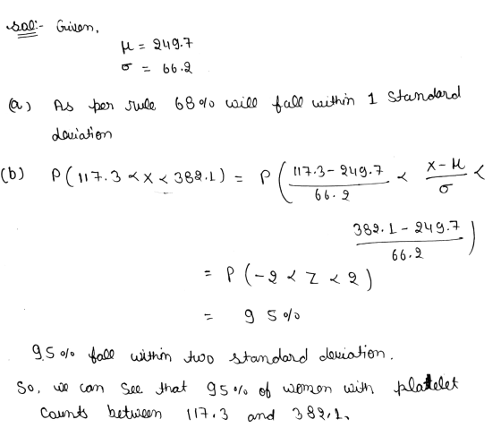 sol: - Given, M = 249.7 66.2 @) As per rule 68% will fall within 1 Standard deviation X-M (b) P (117.3 <x< 382.1) - P < 117.3