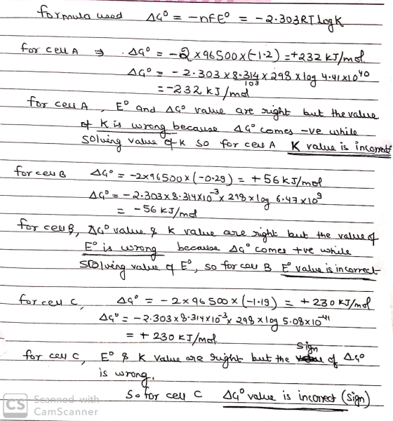 formula wood ACO = -ofe = -2:303RI log k for cela .agº = -2x 96500x412)=+232 kJ/mol - AGO: - 2:303x8.314 x 298 x log 4.41 xlo