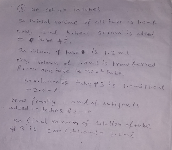 (5 we set up lo fabes So initial volume of all tabe is l.ome Now, 2ml patient serum is added to tabe #1.. So volumn of tube #