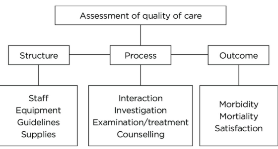 Assessment of quality of care Structure Process Outcome Staff Equipment Guidelines Supplies Interaction Investigation Examina