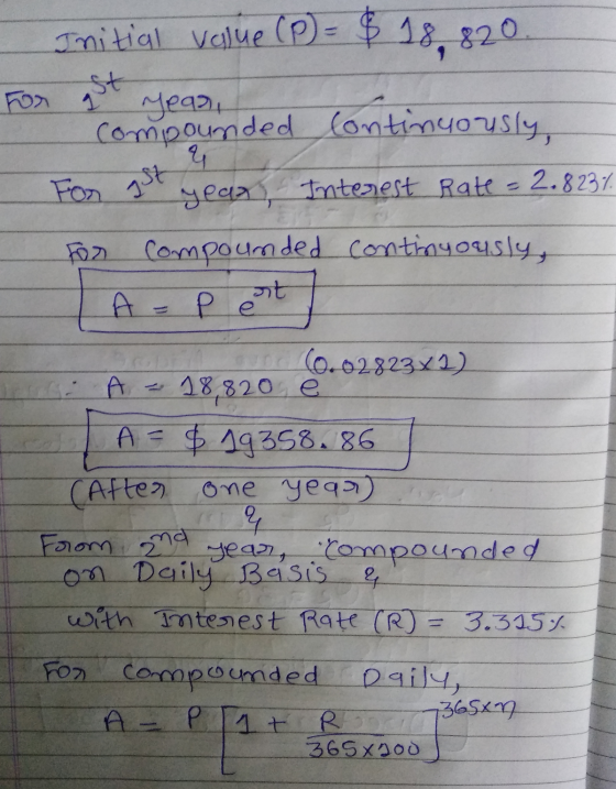 For gst Initial value (P) = $ 18,820 est Year compounded continuously, 4 year, Interest Rate = 2.823% For compounded continuo