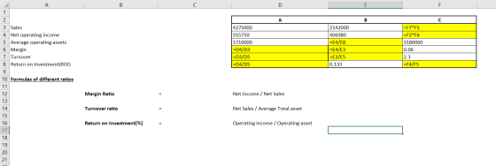 B D E F 1 A B с 2142000 =F7* F5 =F3* F6 3180000 2 3 Sales 4 Net operating income 5 Average operating assets 6 Margin 7 Turnov