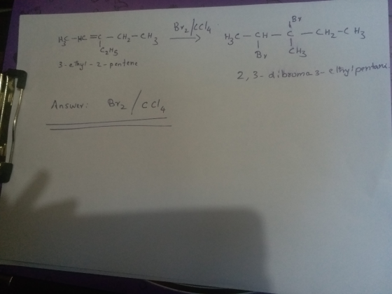 Br₂CCl4 Ас -це = - Сн,- Сн, І с.Нs Br нс- сн - с - Сн, -с на By CHz 2,3-dibroma 3- eltry pentane. 3-ethyl-2-pentene Answer: B