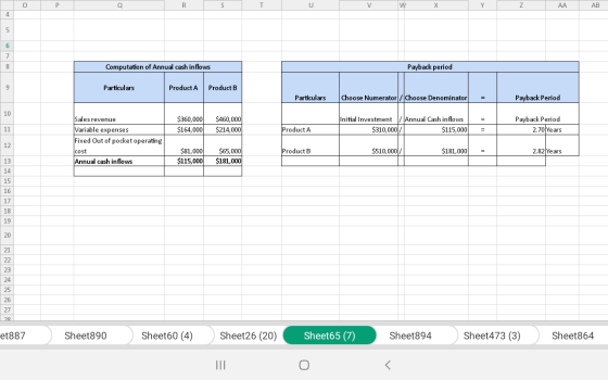 OP р - W X Y AA AB Computation of Annual cash inflows Payback period Particulars Product A Product B Particulars Choose Numer