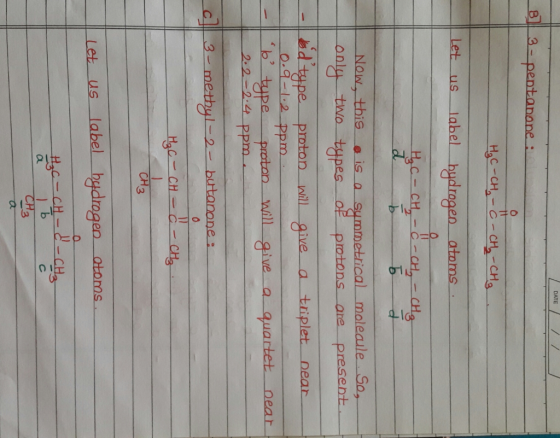 DATE 3-pentanane Let us label bydrogen atoms Now this阜is a summetrical molealle-Go, only two t升pes rotons are present d type