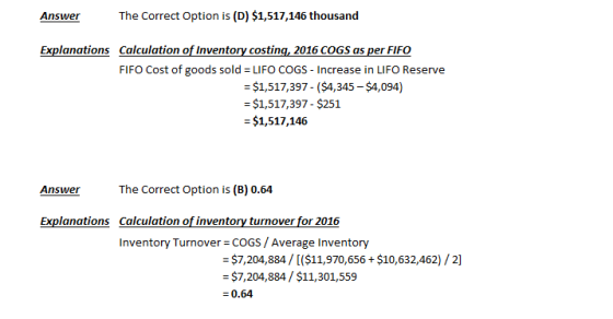 The Correct Option is (D) $1,517,146 thousand Answer Explanations Calculation of Inventory costing, 2016 COGS as per FIFO FIF