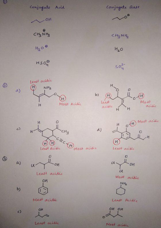 Conjugate Acid Conjugate Base -OH 18 (H₂Nth си, NH hoo H₂O Hsou Least acidic H NH2 b) (H) H Most Acidic Least acidic 1 HH Mos