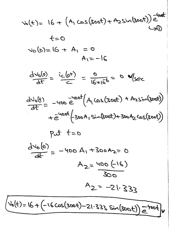 Vo(t)= 16+ (A, cos(300t) + Assin (300t)) look 50 t=0 vo (0)=16+ A, = 0 R A =-16 dolos a icloty = 18,156 = 0 allsec dvoft? -40
