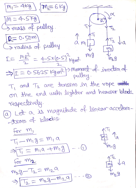 ada TY T2 Ei Atz Ja a mi ma mi=4kg M = 6kg) m=4.5kg) mass of pulley R=0.50m » radius of pulley Ia MR² = 4.5x10.5)? mig Kam? M
