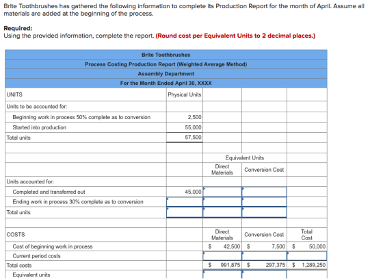Brite Toothbrushes has gathered the following information to complete its Production Report for the month of April. Assume al
