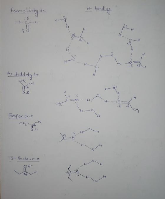 formaldehyde H bonding W- H- Acetaldehyde che H 1148 1 +S -8 C=0 0 --H. á o.-.-I H----O Ho Propanone - Suh 3- Pentanone