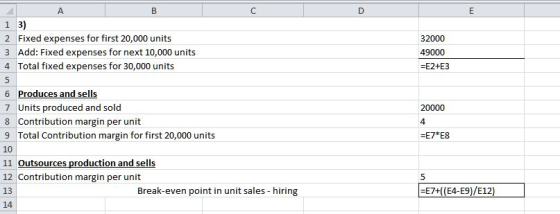 А B с D E 32000 49000 =E2+E3 5 1 3) 2 Fixed expenses for first 20,000 units 3 Add: Fixed expenses for next 10,000 units 4 Tot
