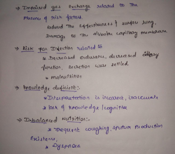 Impaired gas Exchange related to the Presence q sisk factors, Redund The Effectiveness of surfau lung, Damage to the alveola