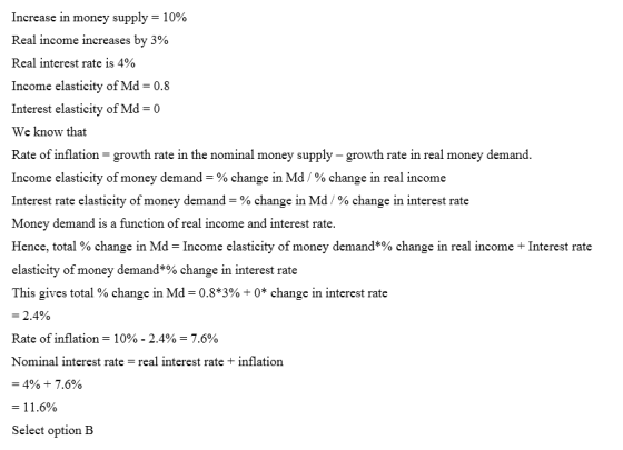 Increase in money supply = 10% Real income increases by 3% Real interest rate is 4% Income elasticity of Md = 0.8 Interest el