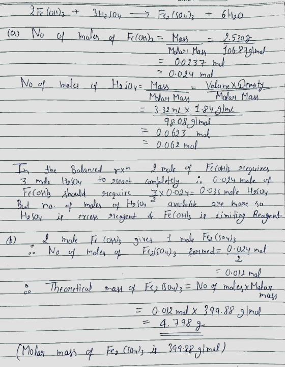 - 2 F low), + 312504 - Folsoyz_+ 6H20 Tay No of males of Fe(OH)3 = Mass = 2.50g Molari May 106.87 glmat = 0.0237 mal ~ 0.024