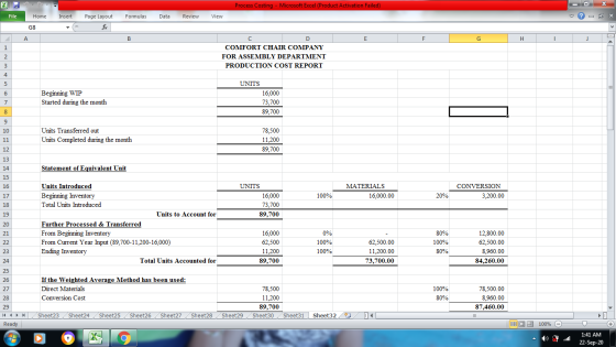 Process Costing - Microsoft Excel (Product Activation Failed) х File Home Insert Page Layout Formulas Data Review View ♡ ? G8