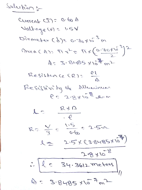 solutions Current (I) = Q. Go a Valtoge (N) = 1.50 Diameter (dla cridoxism ea cabz torto fix (0546 x 192 1 As 3.8485 x 107 m2