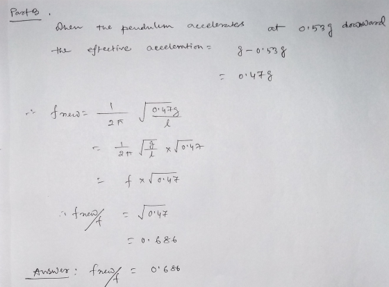 Pasti When the pendulum accelerates at 0.53g downward the effective acceleration = -0.538 = 0.478 = fx rout in fnewf = Jout =
