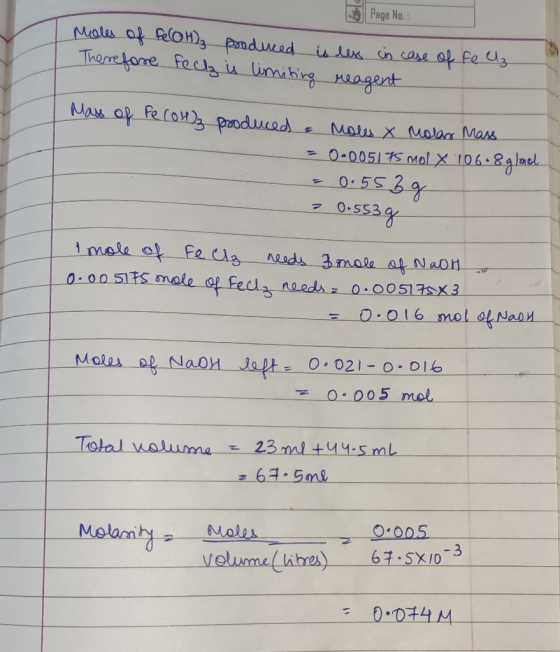 Page No.: Moles of feloH); produced is less in case of Fe ez Therefore fecl is limiting reagent | Mass of fe coHz produced &