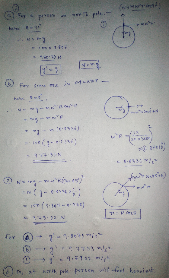 (N+mworroso (a) For a person in north pole. - ► mwy here o=90 mg Namg = 100 x 4.807 - 980.70 N g=g? (N = mg some one in For