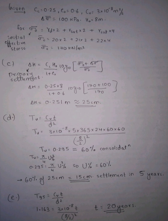 biven for initial effective Stress (=0.25, Co=0.6, Cu= 3x10 m/ AT = 100 kPa. Ho=8m. To = 8 d x2 + rsat x 2 + rsat x4 Jo=20x2