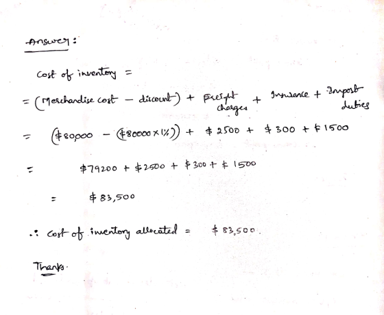 Answer: Cost of inventory = = (Meschandise cost - discount) + freight + grywance + Impost charges t e duties = ($89000 - €800