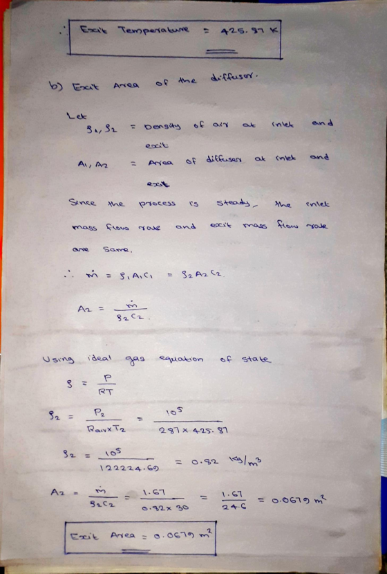 Esat Temperature 425.87K diffusor. b) Excit Area of the at inlet and = Density of air 3, S2 at intet AI, AR and of diffuser A