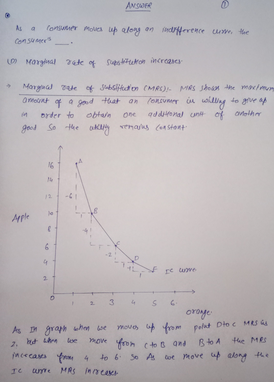 ANSWER 0 a As consumer moves up along an indifference cuore, the Consumers D Marginal rate of supstitution increases. an Mar