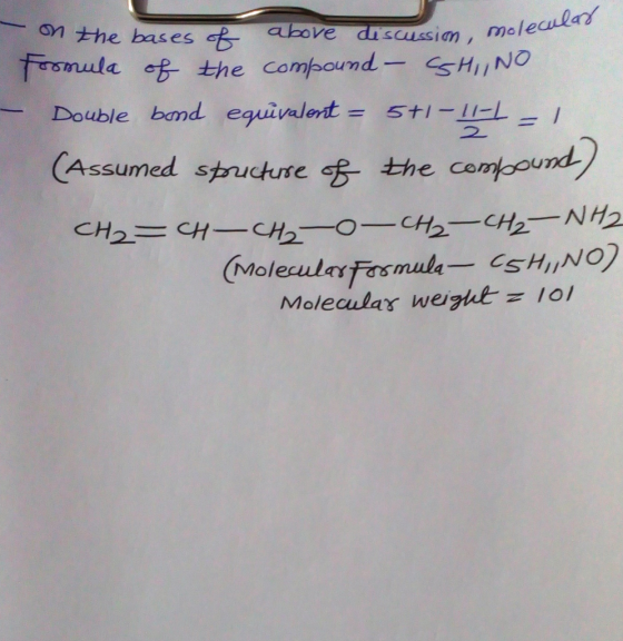 ssion, molecular on the bases of above discussion, molec formula of the compound - SHINO Double bond equivalent = 5+-11- (Ass