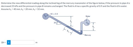 Determine the new differential reading along the inclined leg of the mercury manometer of the figure below, if the pressure i