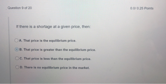 Question 9 of 20 0.0/0.25 Points If there is a shortage at a given price, then: OA. That price is the equilibrium price. O B. That price is greater than the equilibrium price. OC. That price is less than the equilibrium price. O D. There is no equilibrium price in the market.