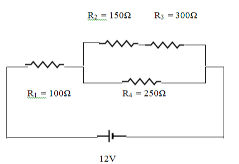 R2 = 150Ω R3 = 300Ω R1 = 100Ω R4 = 250Ω 12V