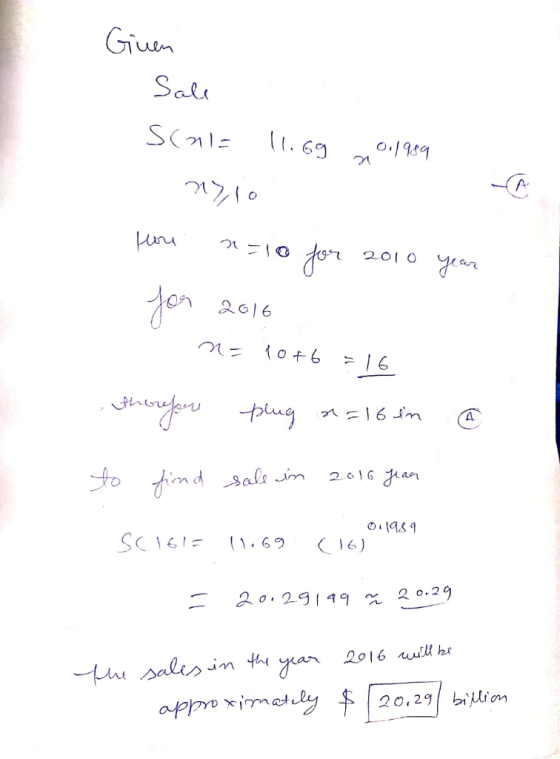 Giuen Sale Scala 11.69 0:1989 CA How 2-10 for 2010 year for 2016 M- 10+6 therefore = 16 plug 2= 16 in A to find sale in 2016