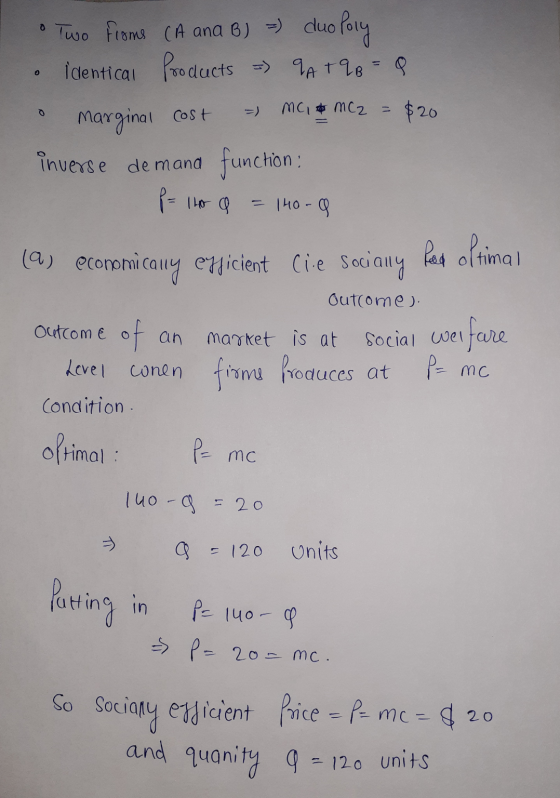 o Two froms (A ana B) = duo duo Poly identical Products = 9A + 9B = Q mai mcz marginal cost $20 inverse demand function : p=