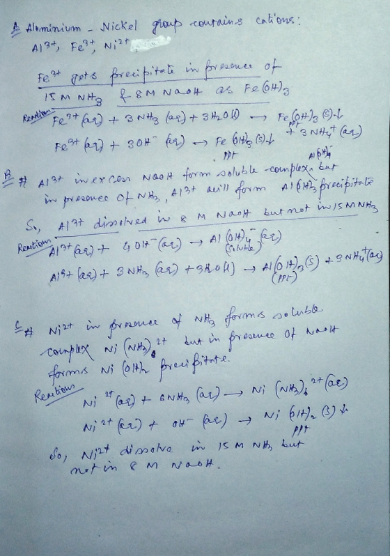 & Aluminium – Wickel group contains cations: A19, Felt, wilt Feet gets forecipitate in presence of 15M NH3 & 8M Noot as Fe(OH