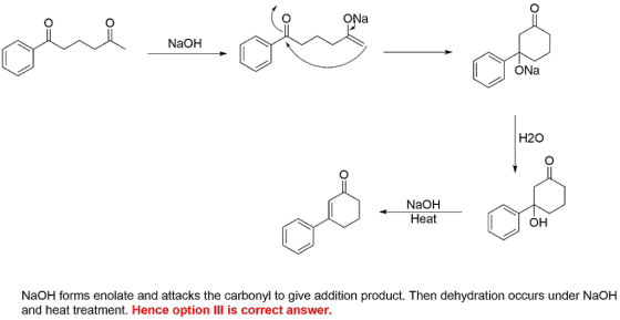 ONa NaOH ONa H2O NaOH Нeat ОН NAOH forms enolate and attacks the carbonyl and heat treatment. Hence option III is correct ans