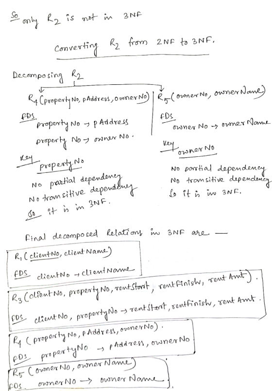 So only R₂ is not in 3NF Converting R2 from 2NF to BNF. fDS Decomposing R2 R4 Cproperty No, pAddress, owner no) Řg (owner No,