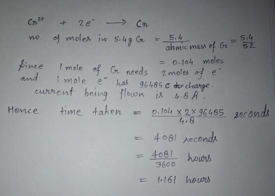 2 e Cn2t Cn of moles iw 5.4 atomic mas ot Cr 5.4 S2 no. 5.49 Cr 0.104 moles 2 moles of e 96485 C dr charge current being flow