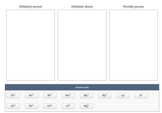 Definitely present Definitely absent Possibly present Answer Bank Felt Ba’t Shot Mn?+ Hgat Agt K* Mg2+ Hg3+ Sn?+ Pb2+ Cd2+ A1