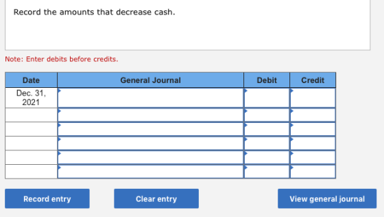 Record the amounts that decrease cash. Note: Enter debits before credits. General Journal Debit Credit Date Dec. 31, 2021 Rec
