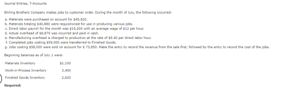 Journal Entries, T-Accounts Ehrling Brothers Company makes jobs to customer order. During the month of July, the following oc