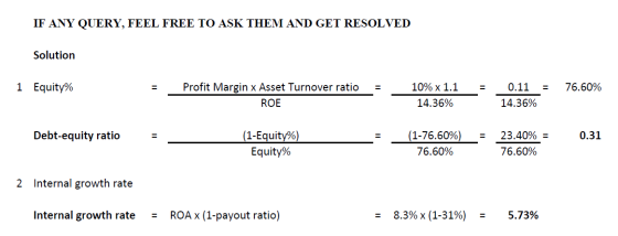 IF ANY QUERY, FEEL FREE TO ASK THEM AND GET RESOLVED Solution 1 Equity% 76.60% Profit Margin x Asset Turnover ratio ROE 10% x