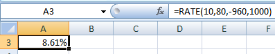 - A3 A 8.61% fc =RATE(10,80,-960,1000) D E B C 3 |