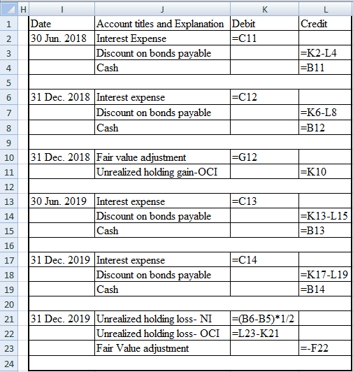 L Credit 1 2 Date Account titles and Explanation Debit 30 Jun 2018 Interest Expense =C11 Discount on bonds payable Cash =K2-L