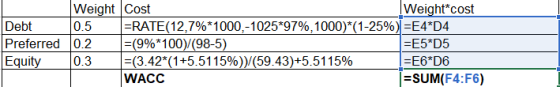 Debt Preferred Equity Weight Cost Weight*cost 0.5 =RATE(12,7%*1000,-1025*97%, 1000)*(1-25%) =E4*D4 0.2 =(9%*100)/(98-5) =E5*D