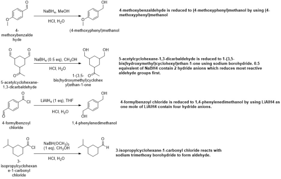 NaBH4, MeOH 4-methoxybenzaldehyde is reduced to (4-methoxyphenyl)methanol by using (4- methoxyphenyl)methanol HCI, H20 4- (4-