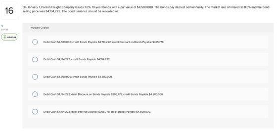 On January 1, Parson Freight Company issues 7.0 % , 10- year bonds with a par value of $4,500,000. The bonds pay interest sem