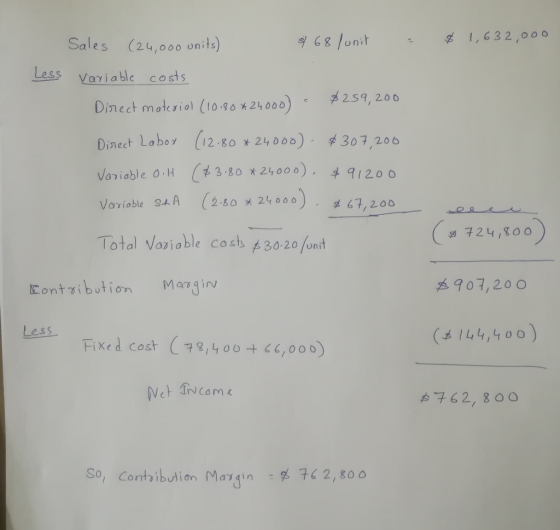- $ 1,632,000 Sales (24,000 units) & 68 /unit Less variable costs Direct material (10180*24000) - $259,200 Direct Labor (12.8